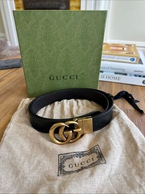 Gucci Reversible Black and Brown Leather GG Logo Belt with Antique Gold Buckle